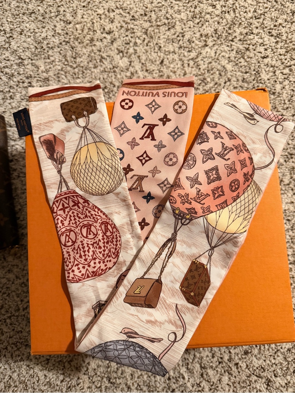Authentic Louis Vuitton Pink and Brown Balloon Motif Twilly Scarf